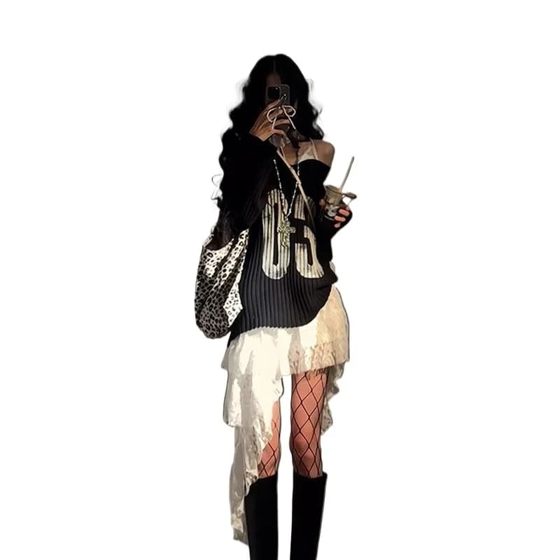 Set Due Pezzi Stile Spice Girl Americano: Maglione Lavorato a Maglia con Scollo a V e Gonna Irregolare in Pizzo Bianco per Donna, Autunno e Inverno 2026