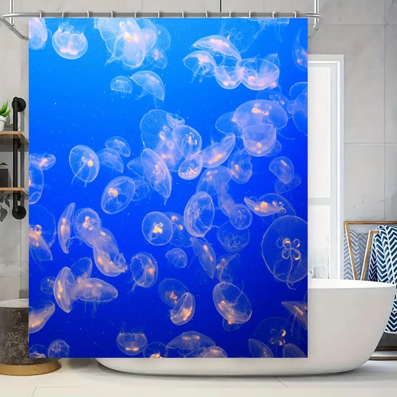 Tenda da doccia subacquea con meduse Blu Bianco Pesce dell'oceano Tessuto stampato Decorazioni per il bagno per la casa Bagno Spa 72x84 pollici con asta