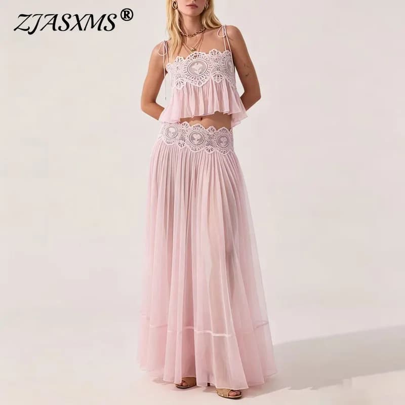 Women Lace Spaghetti Strap Crop Top Long Skirt Two Piece Set Sheer Mesh Ruffle Hem Skirt Suit Summer Beach Vacation Solid Outfit