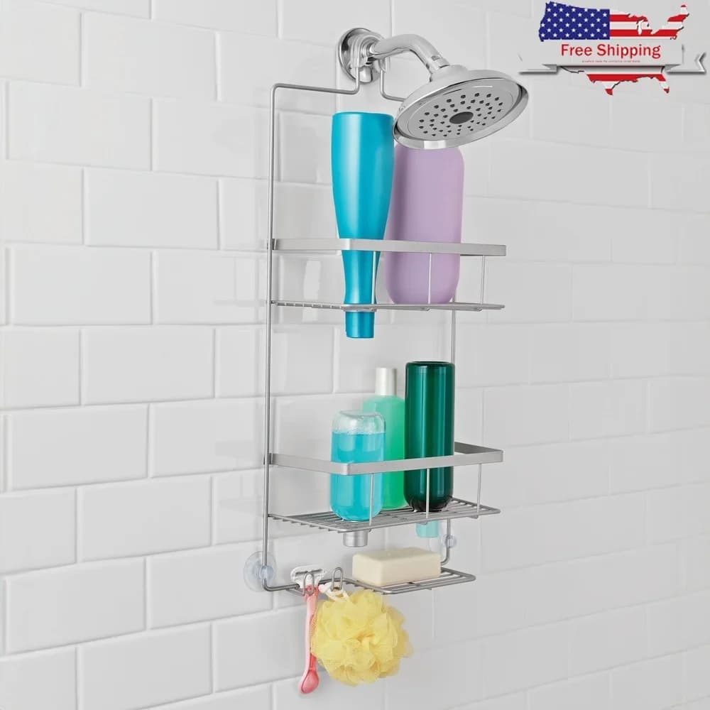 Portaoggetti per doccia sospeso premium, 2 ripiani, vassoio per sapone resistente alla ruggine, sopra il soffione doccia, collare antiscivolo, ventose, ganci