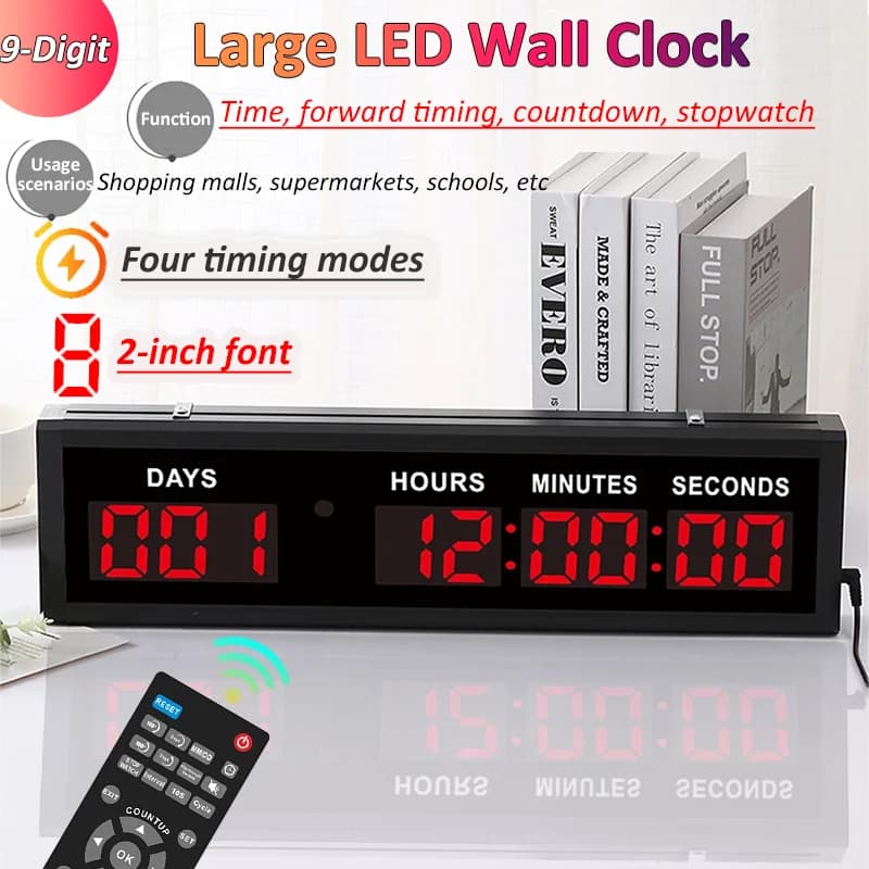 Orologio Digitale da Parete LED con Font Grande da 2 Pollici, Sveglia a 9 Cifre con Telecomando, Timer per Conteggio Crescente/Decrescente, Temporizzazione Ciclica per Scuola e Palestra