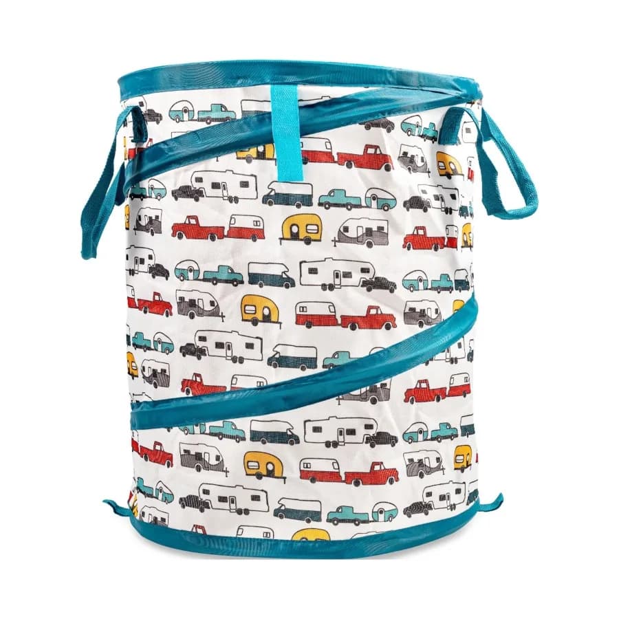 Cestino per rifiuti pieghevole in PVC grigio con motivo camper, ideale per campeggio e uso esterno, serie Life is Better at the Campsite