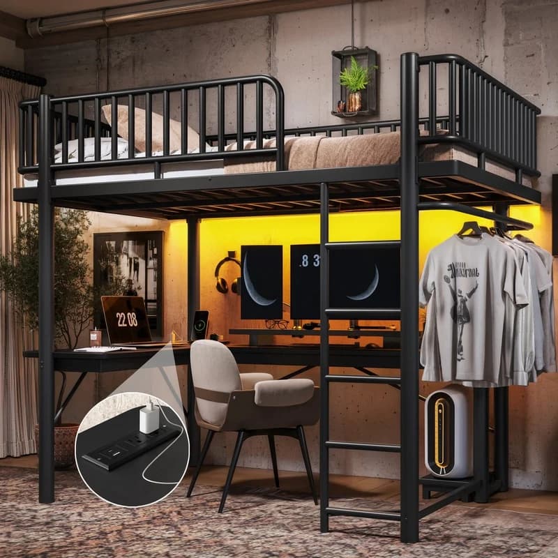 Black Metal Loft Bed with L-Shaped Desk, LED Strip, Charging Station, Mainframe Tray, Hanging Storage, Round Pipe Design