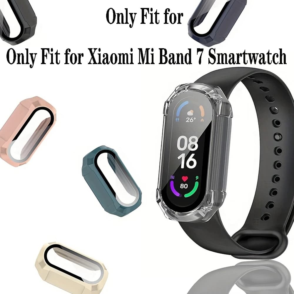 Custodia protettiva per schermo per smartwatch Xiaomi Mi Band 7, copertura protettiva per il viso in vetro integrato con paraurti rigido per PC a copertura totale.