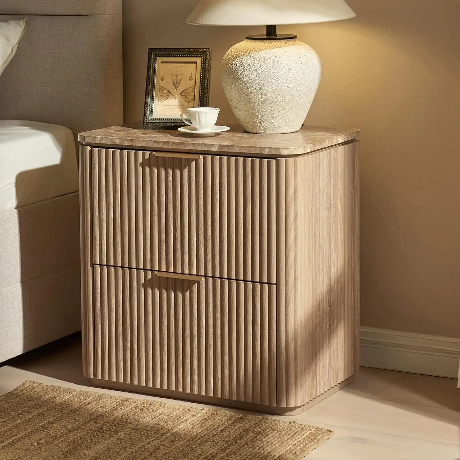 Comodino a 2 cassetti scanalato con piano in finto marmo, legno ingegnerizzato, maniglia in metallo curvo, per camera da letto, piccolo spazio, rovere, personalizzabile