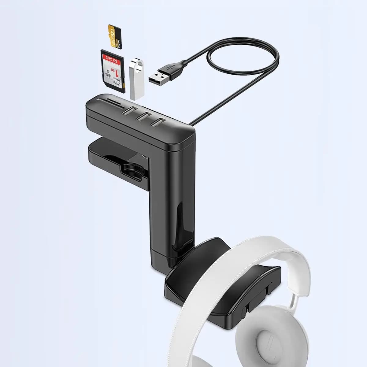 USB Clamp Hub with Headphone stand Hanger and SD/TF, Headset Hook Holder with 3 USB for PC,Computer Mac iMac Notebook PC