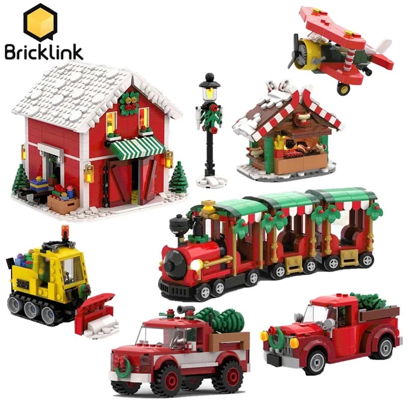 Bricklink MOC City Creativo Natale Villaggio invernale Treno Camion Aereo Babbo Natale Action Figures Building Blocks Giocattoli per bambini Regalo