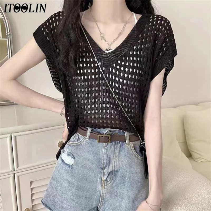 ITOOLIN Maglietta Estiva Chic da Donna, Sexy, in Maglia, Scollo a V, Traforata, Senza Maniche, Stile Casual da Spiaggia, Top Donna 2024