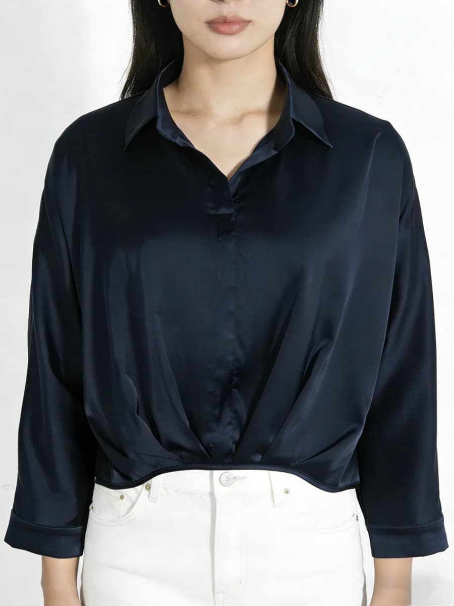 Women's Blouse Collared 3/4 Sleeve Twist Hem Cropped Satin Loose Tops Classy Shirt Spring Summer Chic Blouse Office Soft Tops