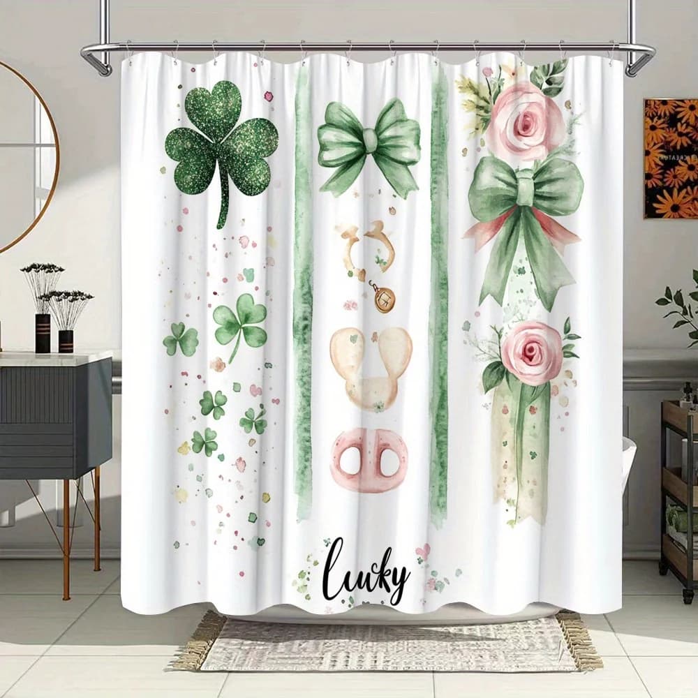 Tenda da doccia per il giorno di San Patrizio - Tartufi, Monete d'oro, Rose rosa, Scrittura "Lucky", Poliestere, 12 ganci, Design stravagante