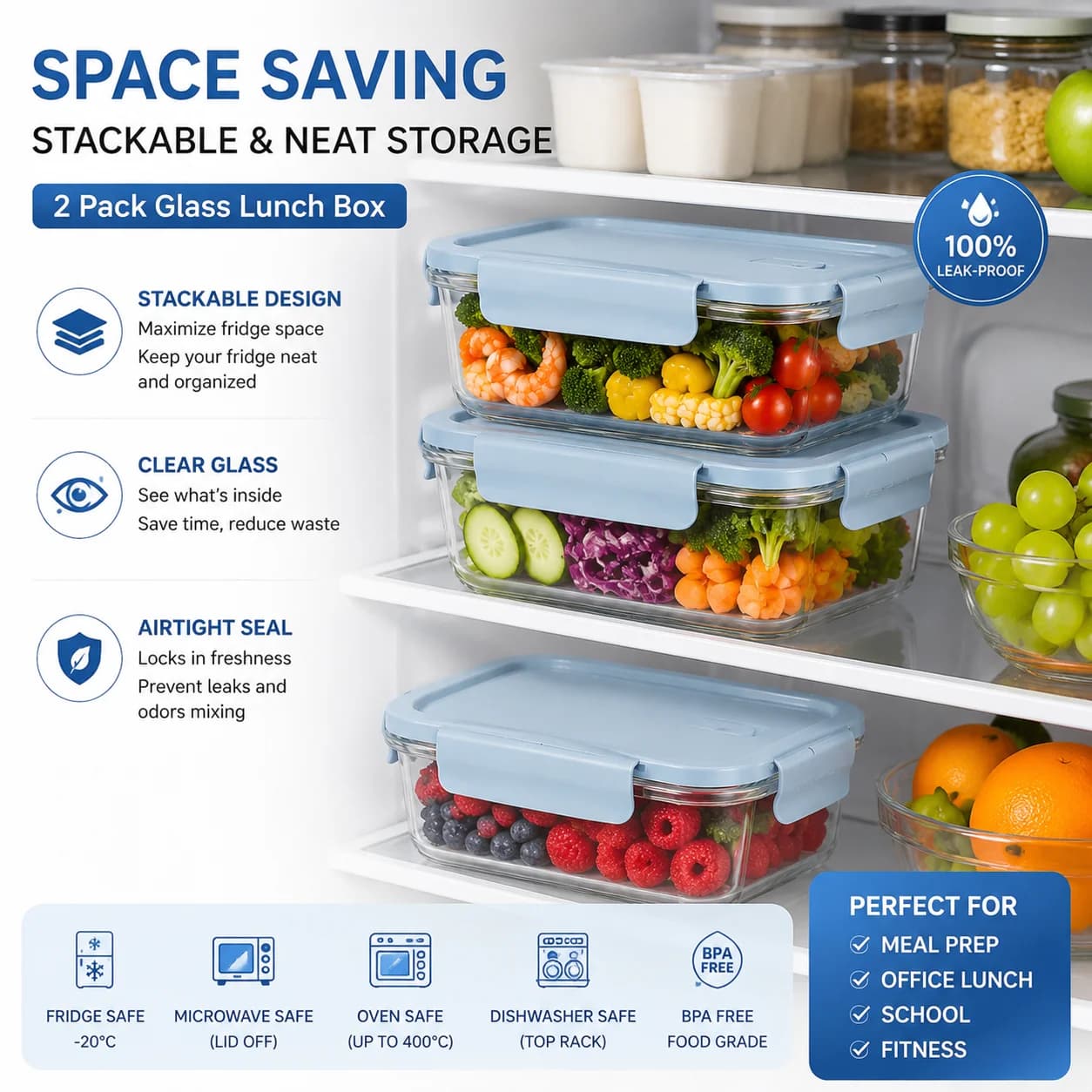 2 Pack Glass Meal Prep Containers BPA Free Airtight Lunch Box Stackable Food Storage for Fitness Office Work School