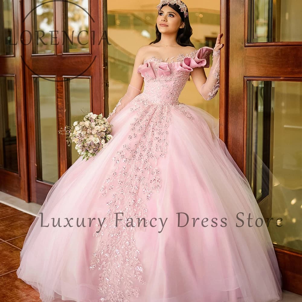 Abiti Quinceanera eleganti con applicazioni scintillanti 2025 Abiti da ballo monospalla Festa di compleanno Abiti di cristallo personalizzati da 15 rosa