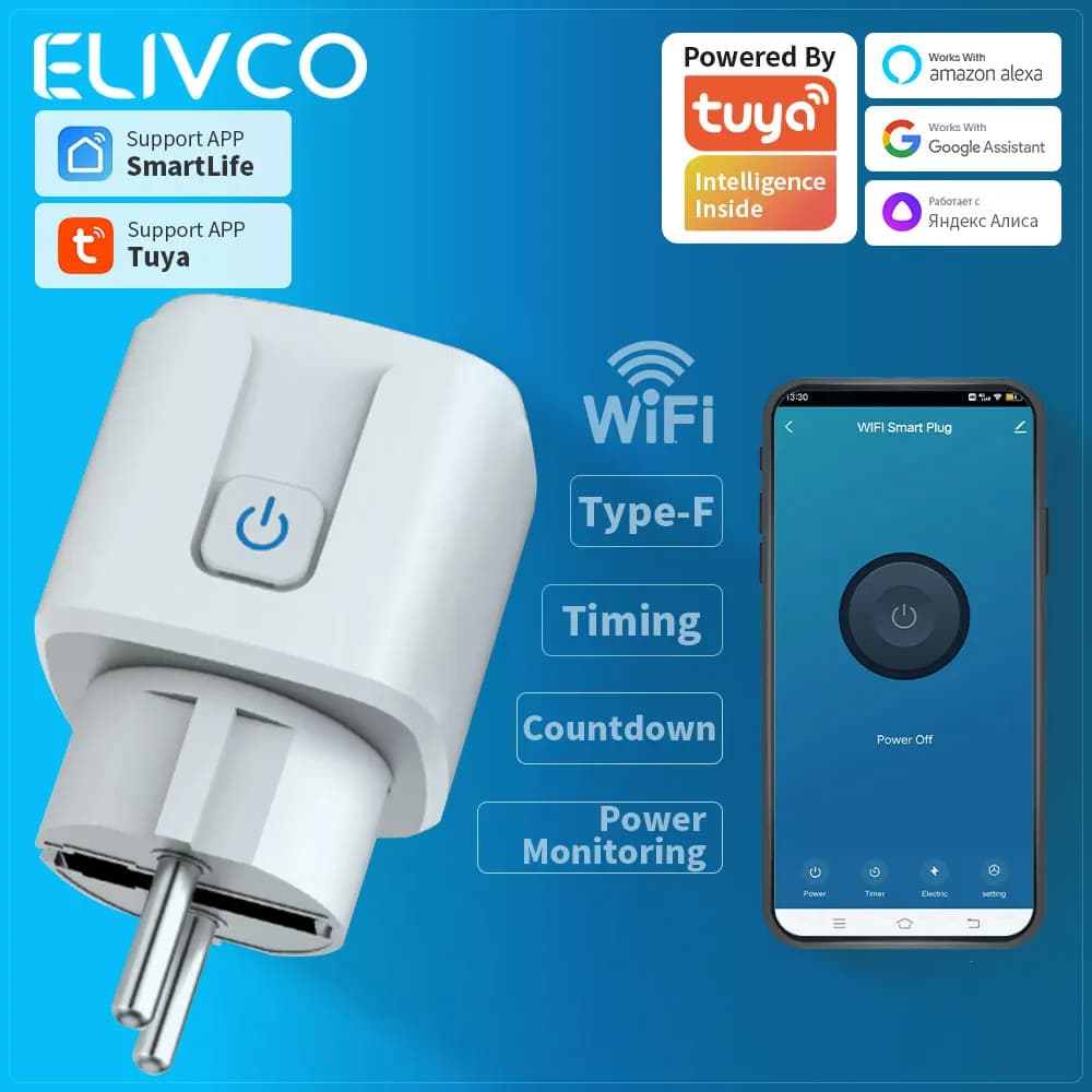 Tuya Smart Plug WiFi EU 16A Smart Socket With Power Monitor Timing Smart Life Support Alexa Google Home Yandex Alice