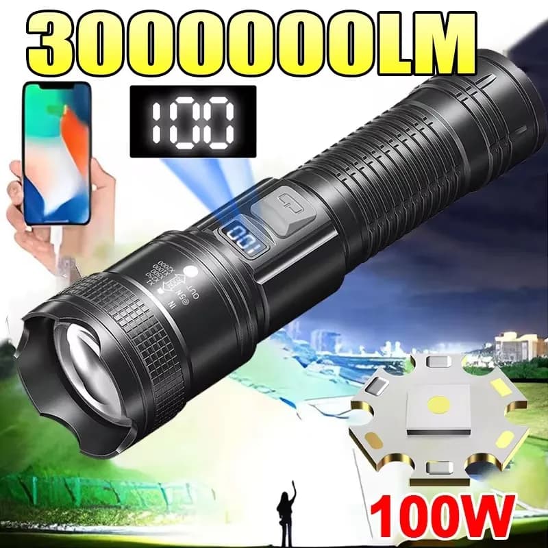 High Power LED Flashlight 300000 LM tactical torch with light display, USB charging, camping, fishing, defense, zoom