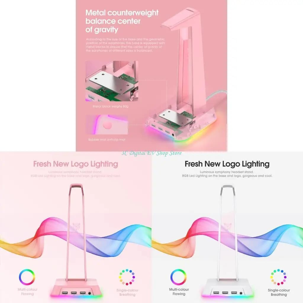 Supporto per cuffie E74D RGB con porte AUX da 3,5 mm e 3 porte USB Supporto per cuffie portatile per cuffie da gioco da tavolo