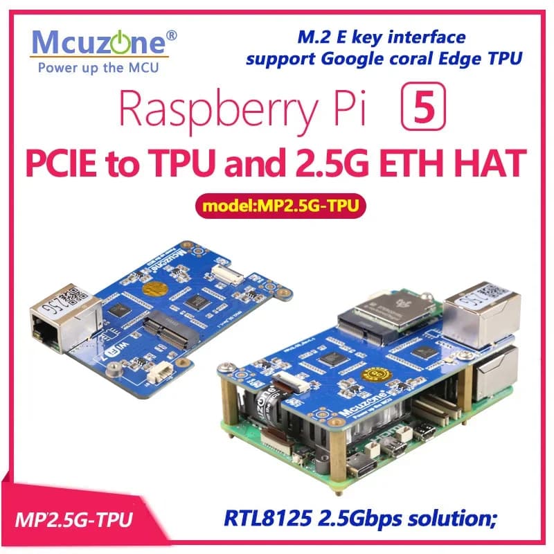 MP2.5G-TPU Raspberry Pi 5 PCIE a TPU e 2.5G Ethernet HAT M.2 Interfaccia chiave E, supporto Google Coral Edge TPU
