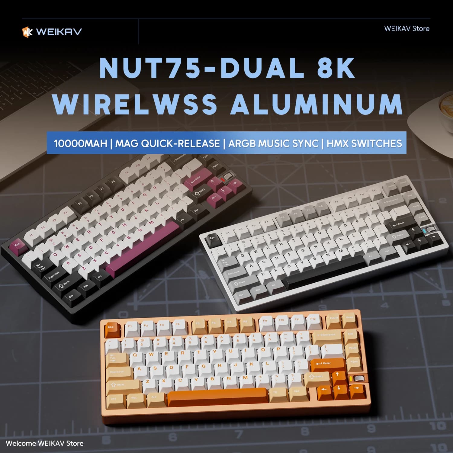 WEIKAV NUT75 Aluminum Wireless Gaming Mechanical Keyboard Kit 75% Bluetooth 2.4G 10000mAh 8000Hz RGB Hotswap Gamer Keyboard