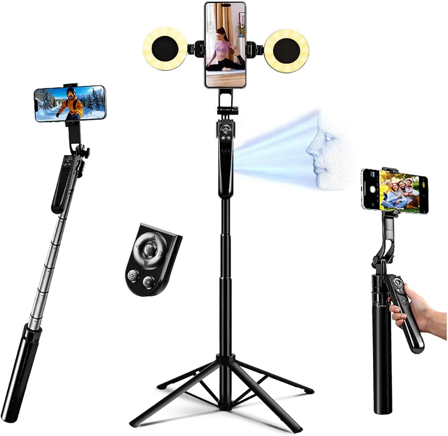 Treppiede per selfie stick con tracciamento automatico del volto con luce, rotazione a 360° per iPhone e Android, telecomando per vlogging