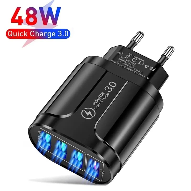 Caricatore USB 48W 3A a ricarica rapida con spina EU/US, 4 porte, caricatore rapido 3.0, adattatore da viaggio per cellulari, compatibile con iPhone e Xiaomi