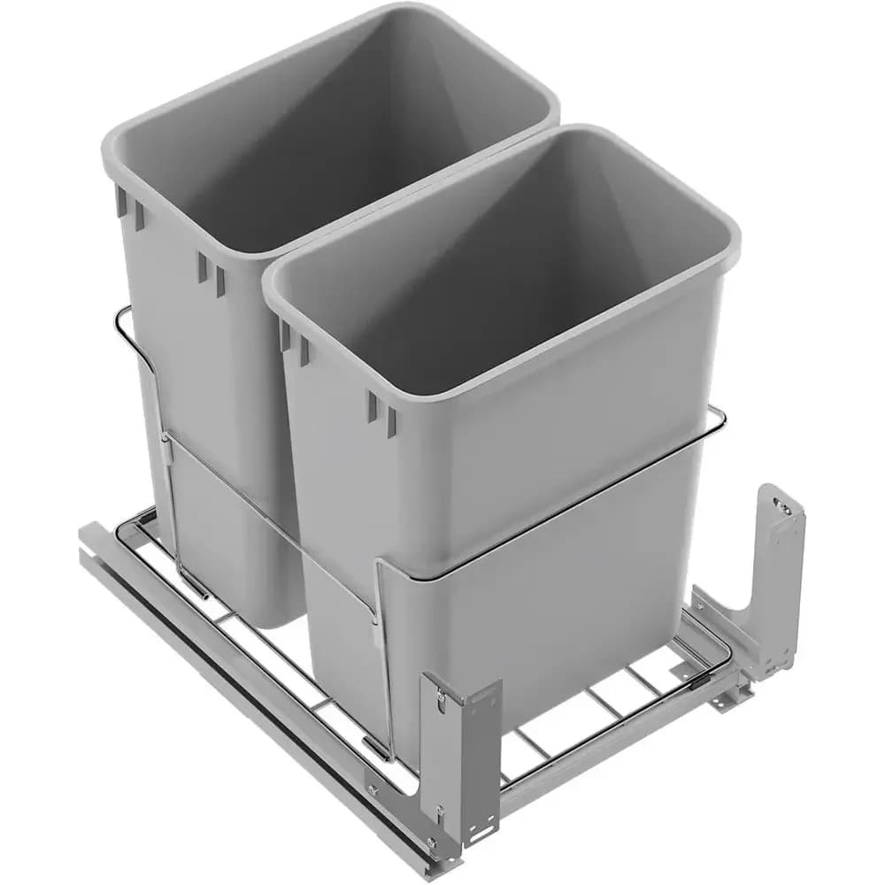 Pull-Out Waste Bin with Door Mount Kit - Grey Dual Trash Can, 18 Cabinet-Mounted Wire Basket