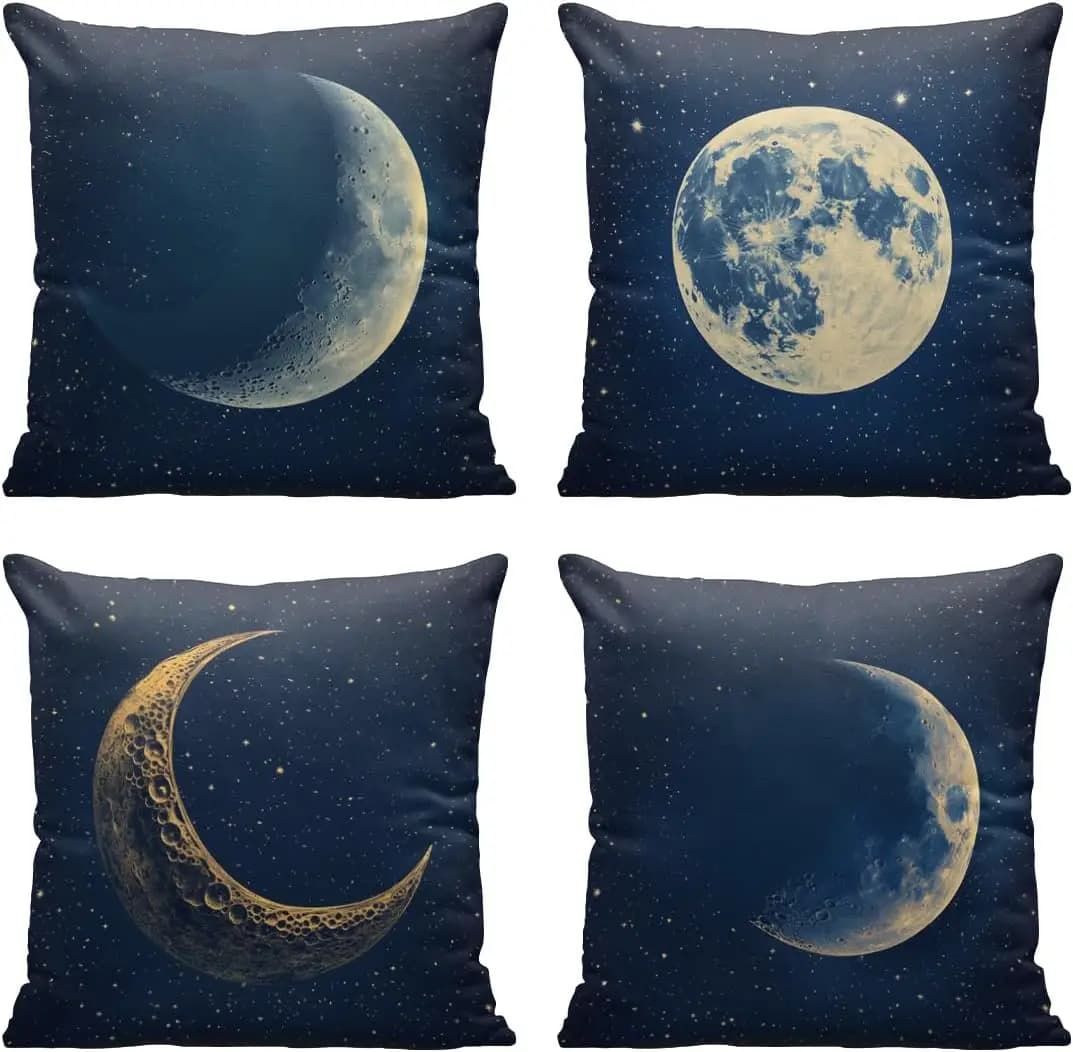 4Pcs Full Moon & Crescent Throw Pillow Covers with Starry Sky Design Cushion Cases for Boho Bedroom & Meditation Nook Decor