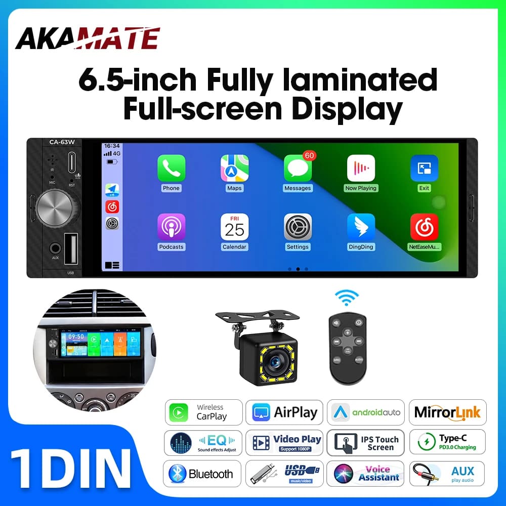 Autoradio da 6,5 Pollici con Carplay Wireless, Android Auto, Mirrorlink, AUX, EQ, Bluetooth, IPS HD, USB Type-C, Ricarica 1Din, Lettore Multimediale