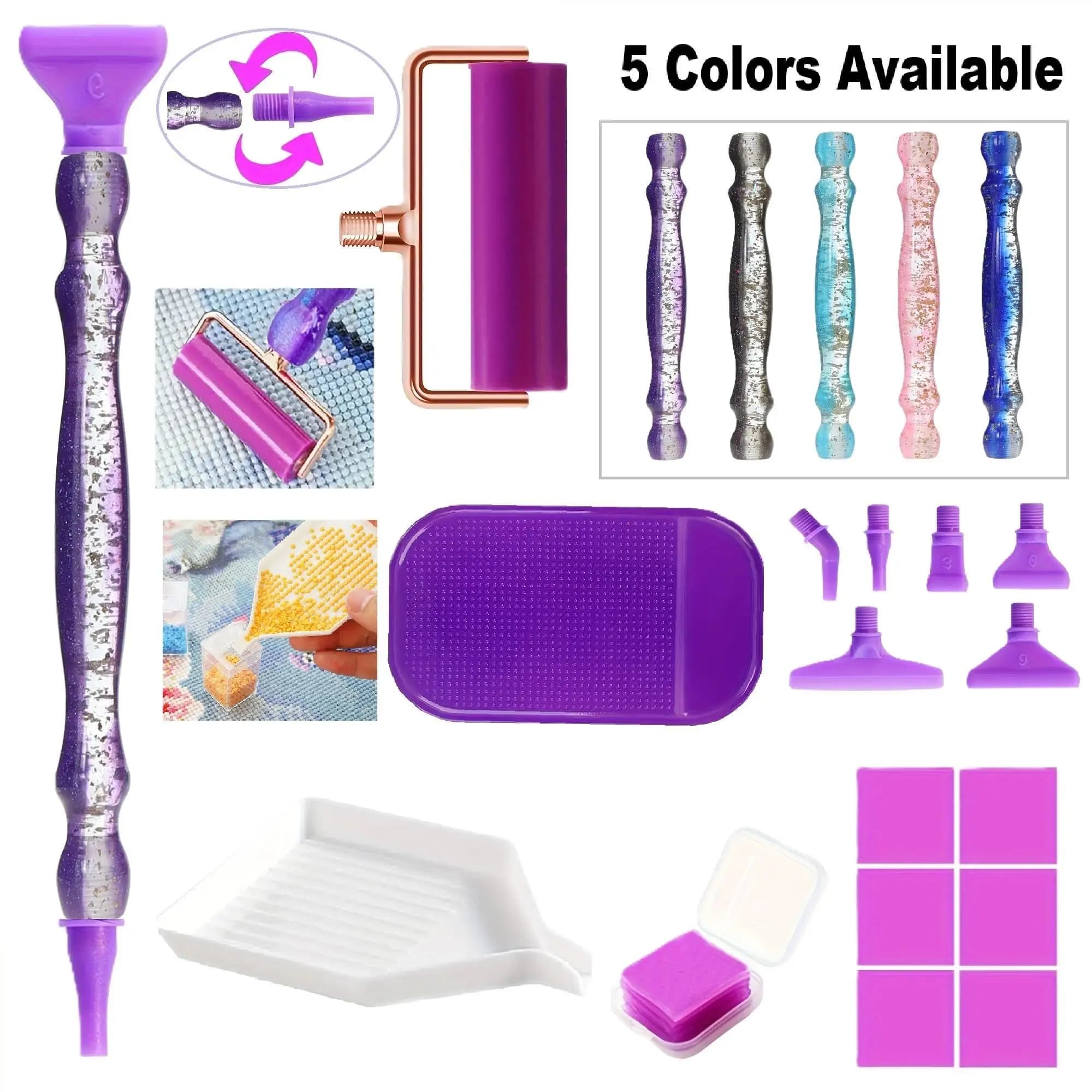 High-Quality Novel Fine-Glitter DIY Diamond Painting Pen Tool Set Accessories, Includes 6 Different Plastic Tips, Roller, Storage Tray, Silicone Mat, 6 Adhesive Tools, Suitable for Adult DIY 5D Diamond Painting Tool Ac
