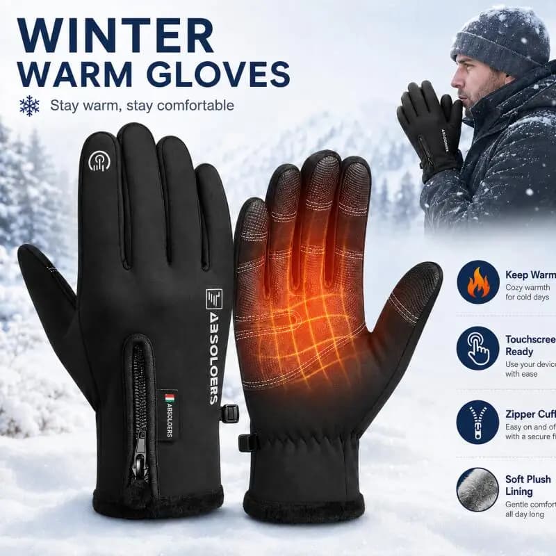 Winter Warm Touchscreen Gloves with Zipper Cuff, Full Finger Gloves for Cycling, Commuting, Driving & Outdoor Activities