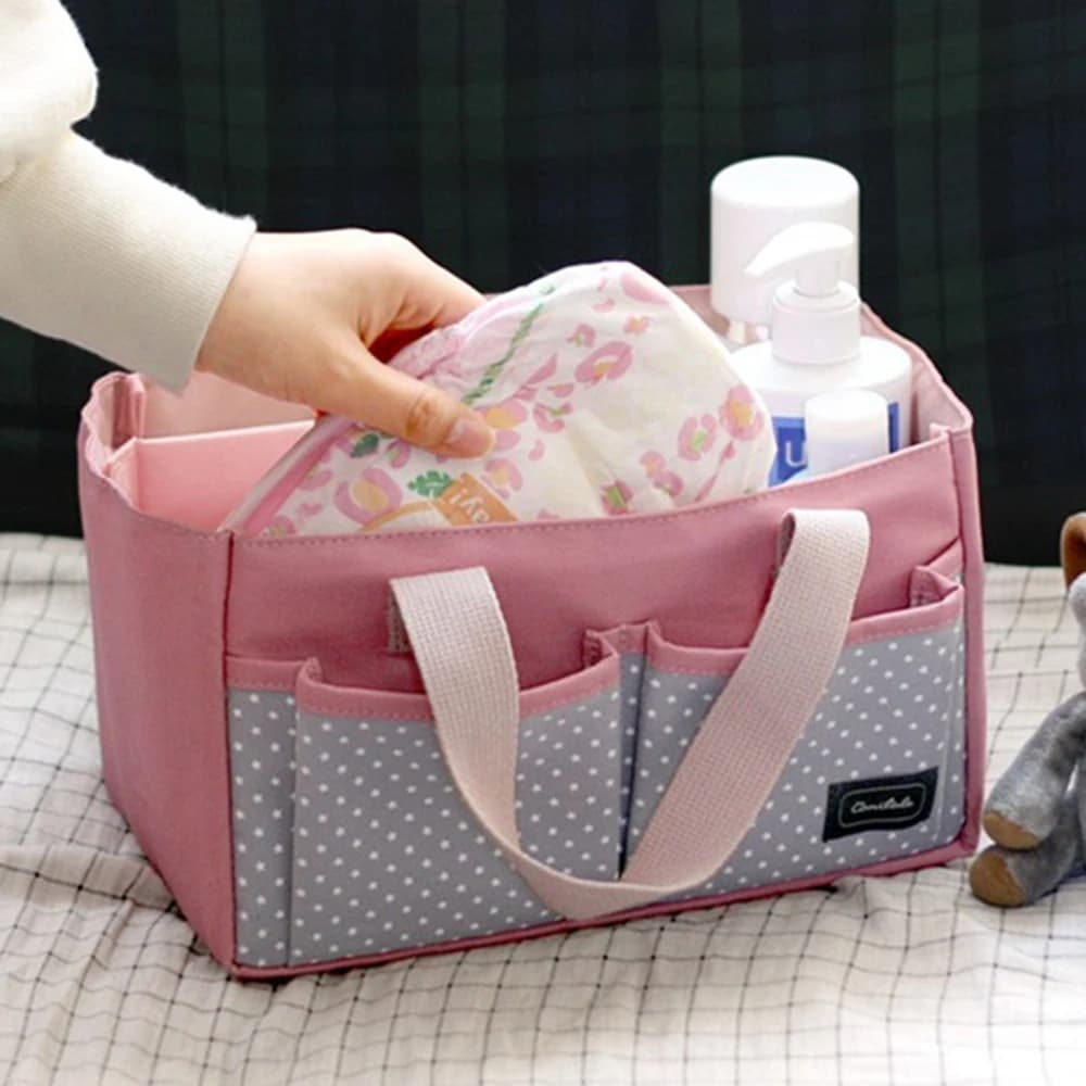 Pink canvas storage bag, hand-held partition, large capacity mother and baby bag, food storage bag