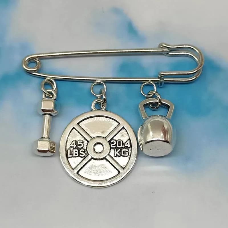 Fashionable and cute brooch, strength exercise, barbell, dumbbell, charm, gym, 45 pound weight plate, pin, men's gift