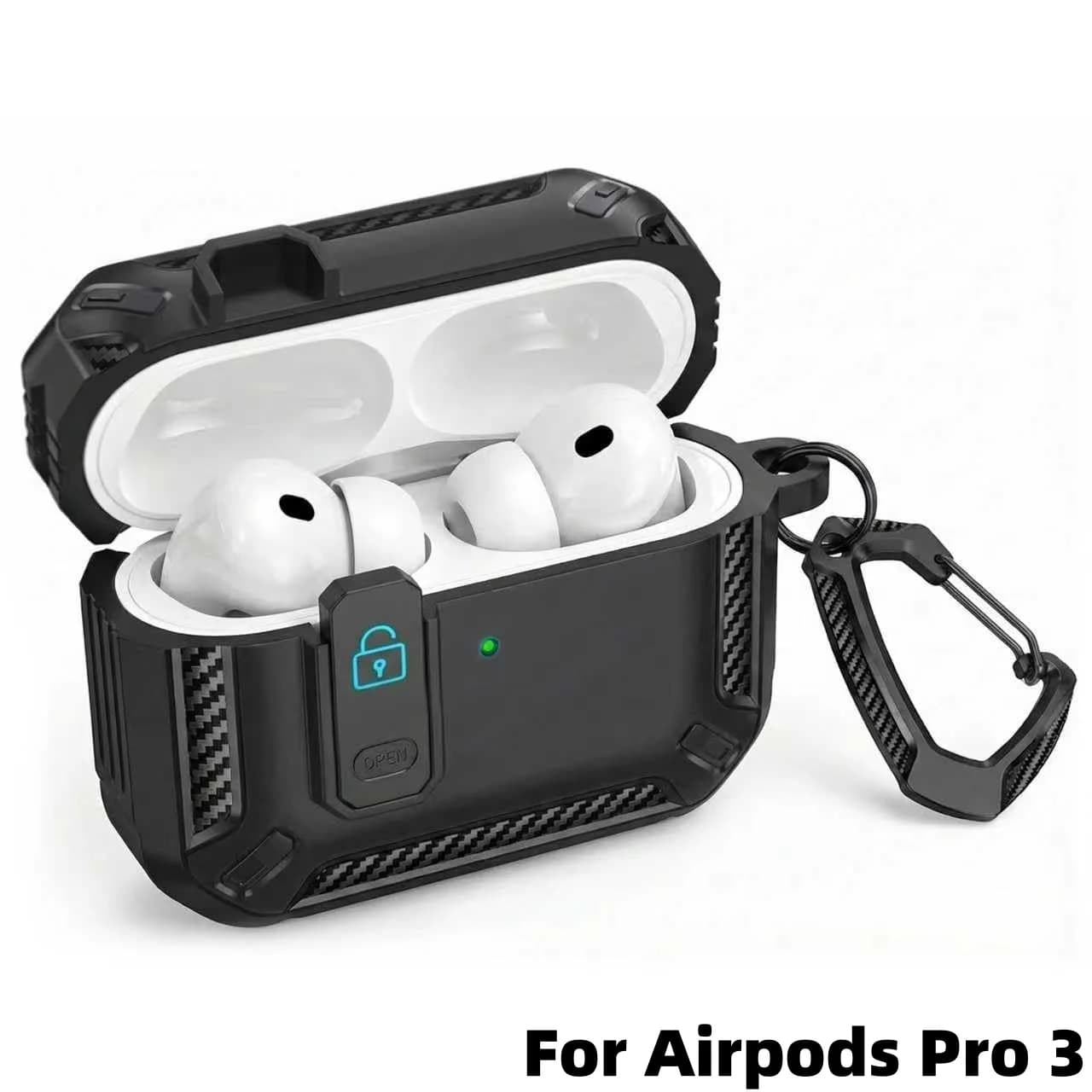 2026 per AirPods Pro 3 Custodia con kit di pulizia Custodia pop-up automatica militare a prova di caduta in fibra di carbonio con moschettone per AirPods Pro 3