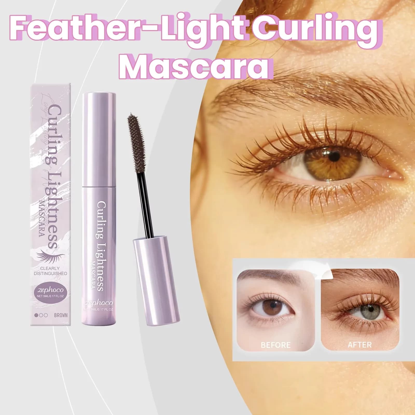 Mascara Effetto Ciglia Leggere e Incurvate 24H, Allungante e Volumizzante, Anti-Grumi, Anti-Sbavature, con Scovolino Curvo per un Effetto Panoramico