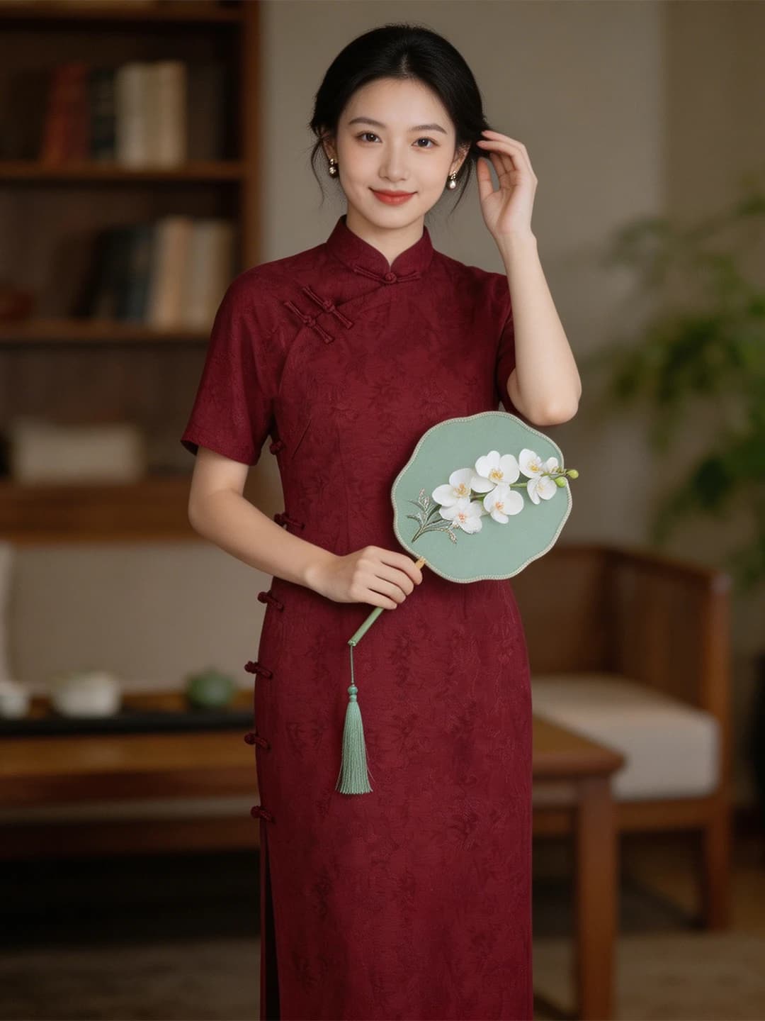 Dorabana Red Wine Color Mom's Full Opening Jacket Cotton Linen Embroidery Daily Improved Elegant Long Qipao for Wom...
