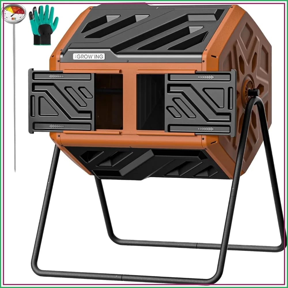 43 Gallon Dual Chamber Compost Bin with Thermometer, Outdoor Rotating Tumbler for Garden, Orange