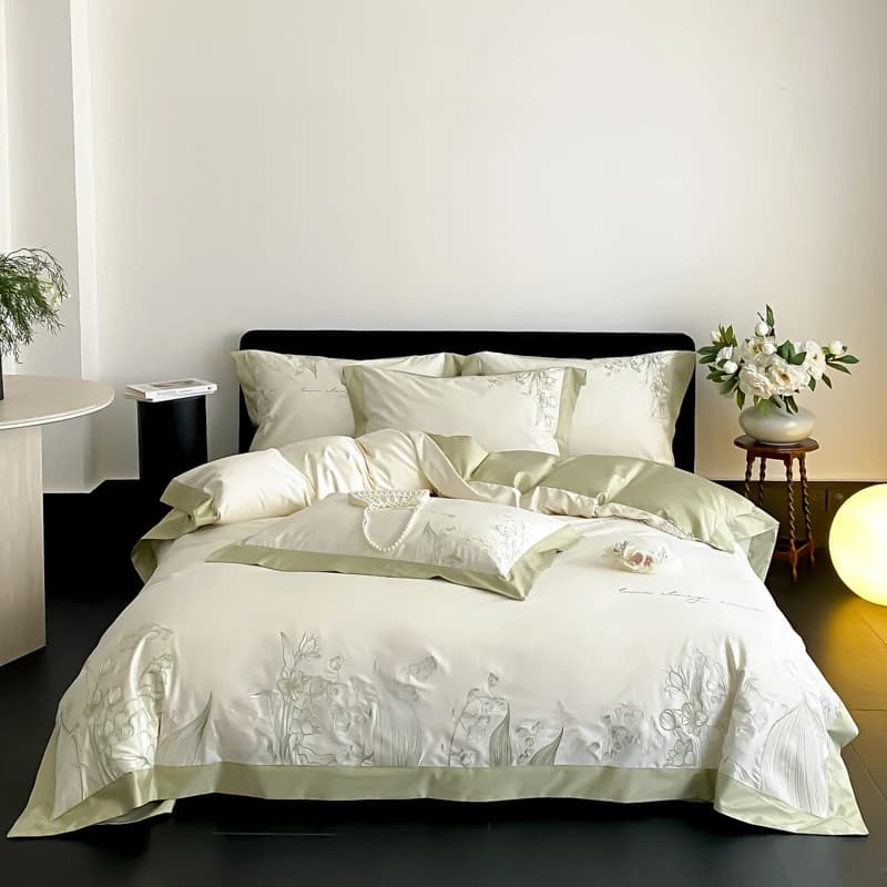 Set biancheria da letto con ricamo a farfalla del giglio della valle Copripiumino in cotone egiziano 600TC Lenzuolo piatto/con angoli Federe 4 pezzi
