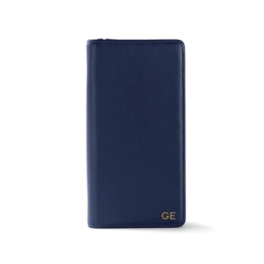 Portafoglio da Viaggio Blu Navy in Pelle Pieno Fiore con Cerniera per Organizzazione Passaporto RFID, con Spazio per Carte, Contanti e Documenti di Viaggio