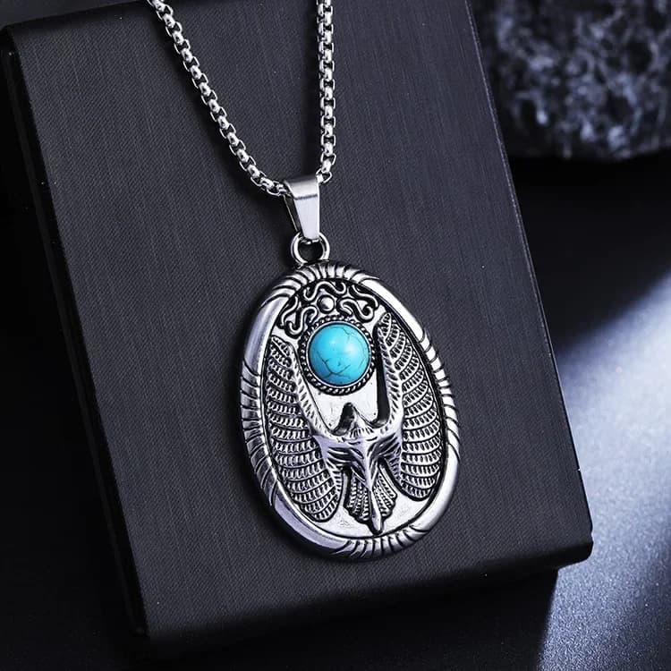Vintage fashion turquoise flying eagle round hip-hop titanium steel pendant necklace sweater chain pendant