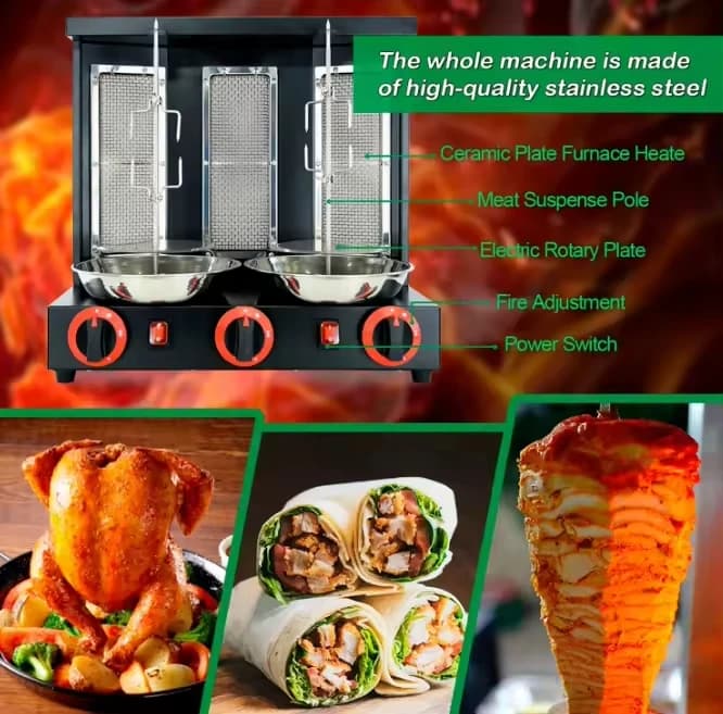 Doner Kebab Attrezzatura Griglia per pollo Girarrosto automatico Fornello da campeggio in ghisa Griglia Girarelli verticali