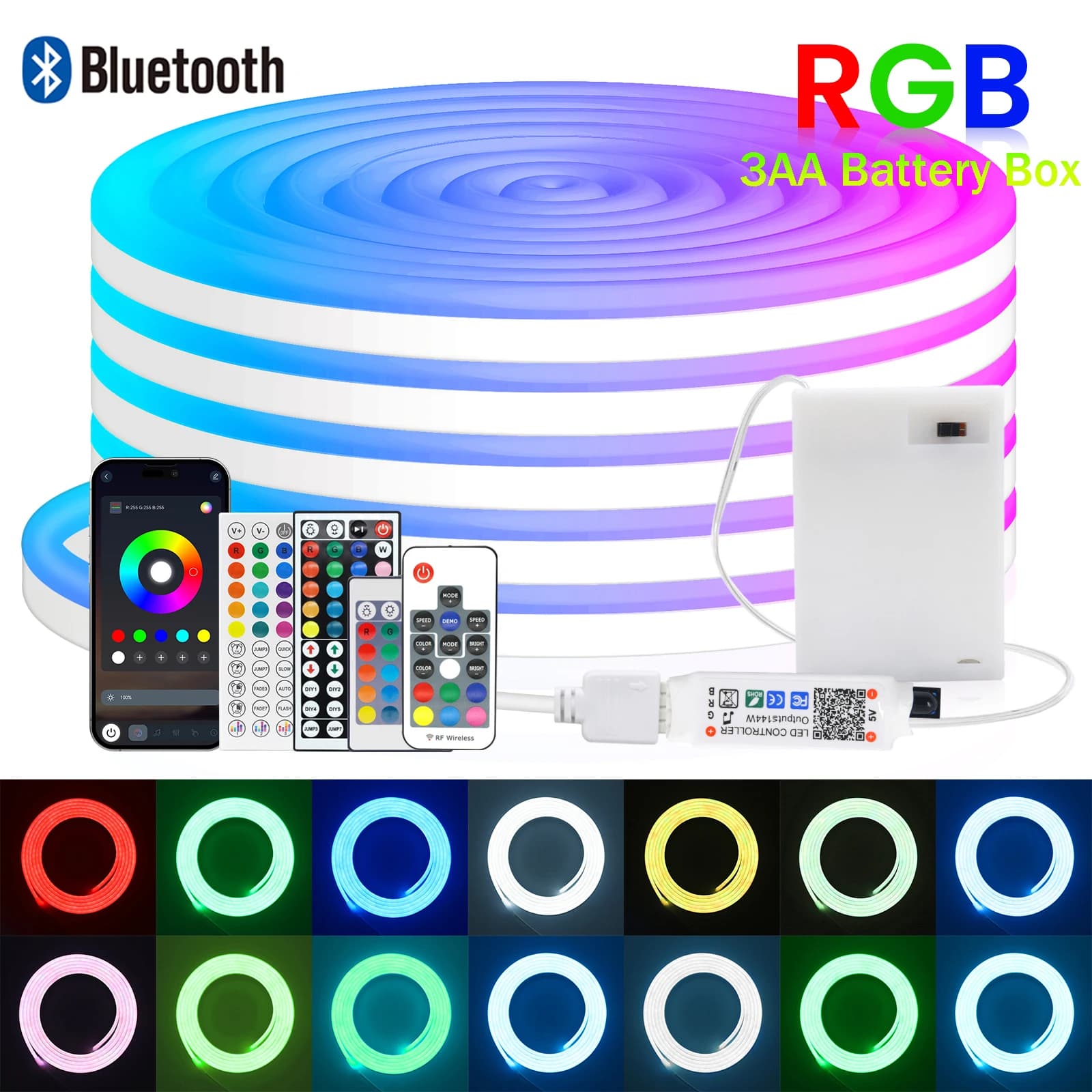 3AA Contenitore di Batteria RGB Neon LED Strip Light 5V 108LED/M Impermeabile Bluetooth APP di Controllo Remoto Flessibile FAI DA TE Insegna Al Neon Complementi Arredo Casa