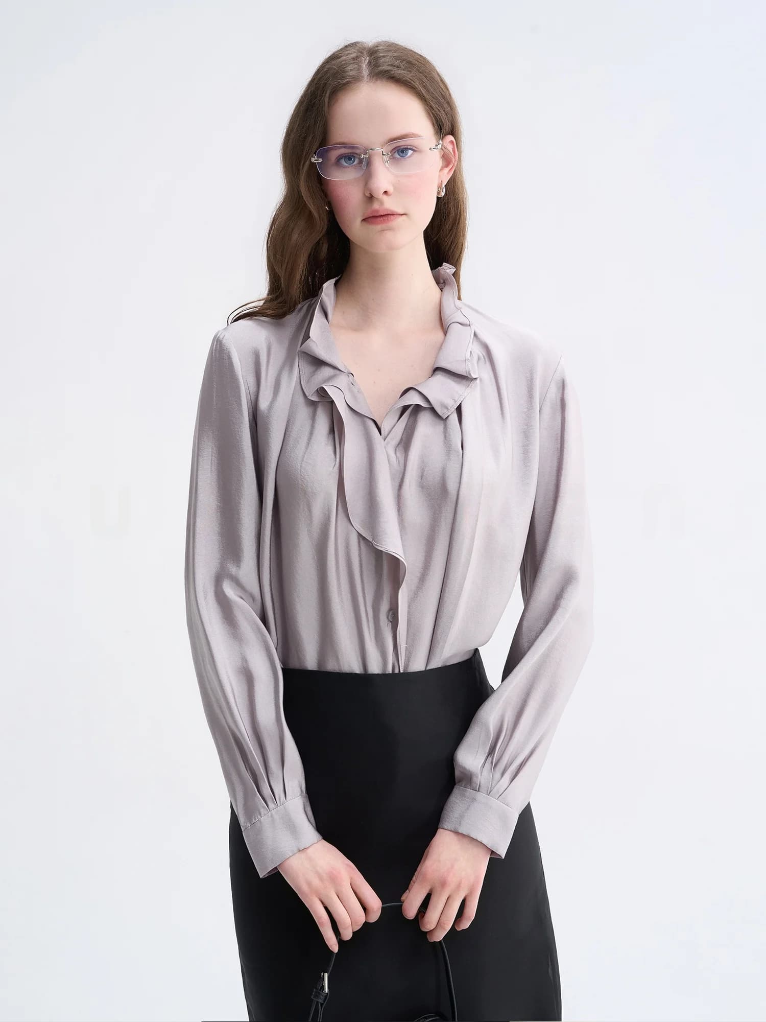 Elegant Woman's Shirt with Lace Edge for Work, Light Mature Style, V Neckline, Long Sleeve, Mixed Polyester, Spring 2026