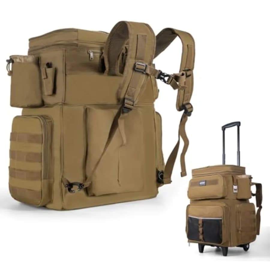 Borsa da pesca con ruote da 66L, color kaki, grande, con scomparto termico, per 5-3700 vaschette, resistente all'acqua salata, zaino porta attrezzi