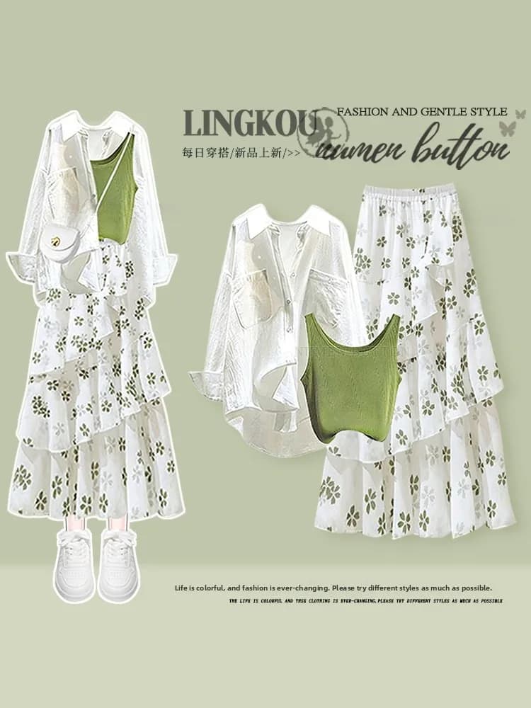 Spring Summer Gentle Style Women's Casual Floral Print Two-Piece Set Slimming Skirt And Shirt Combo Age-Defying Ensemble