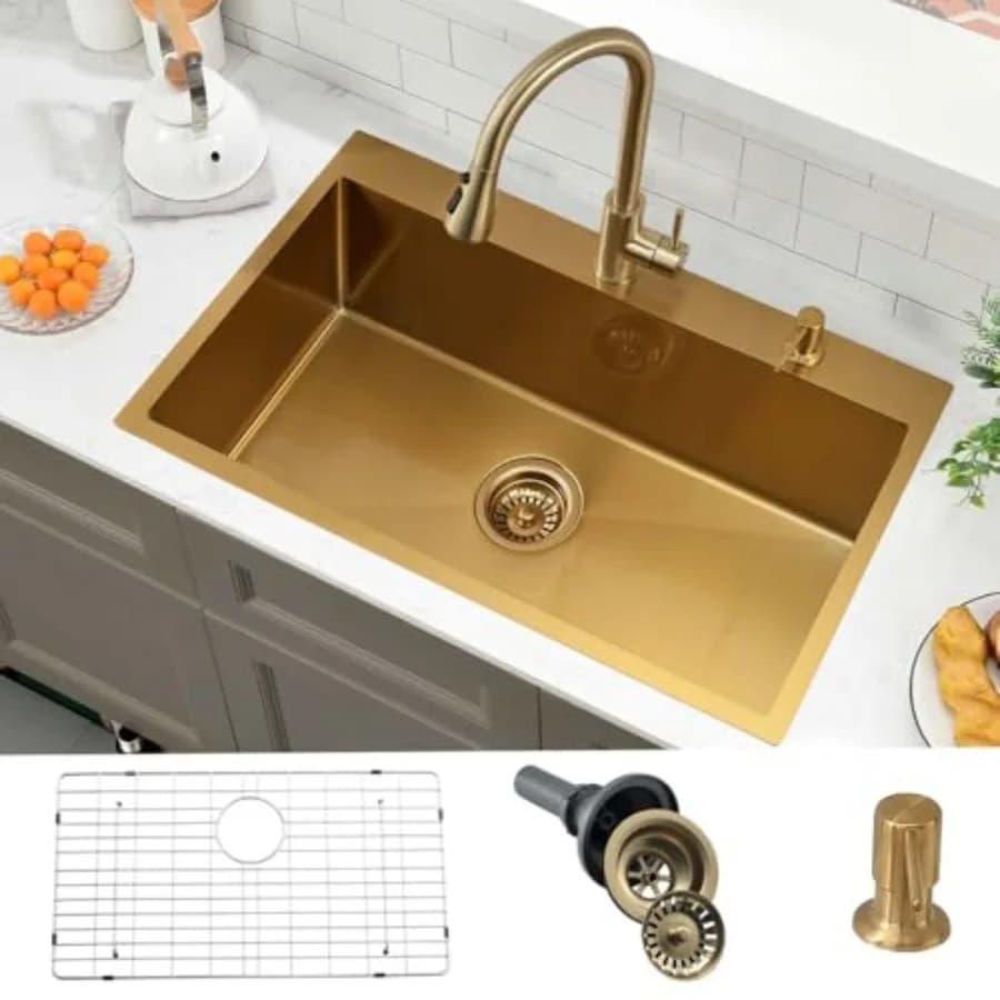 Lavello da cucina da incasso da 30 pollici in acciaio inossidabile color oro, a vasca singola profonda, con griglia di scarico inferiore e dispenser sapone