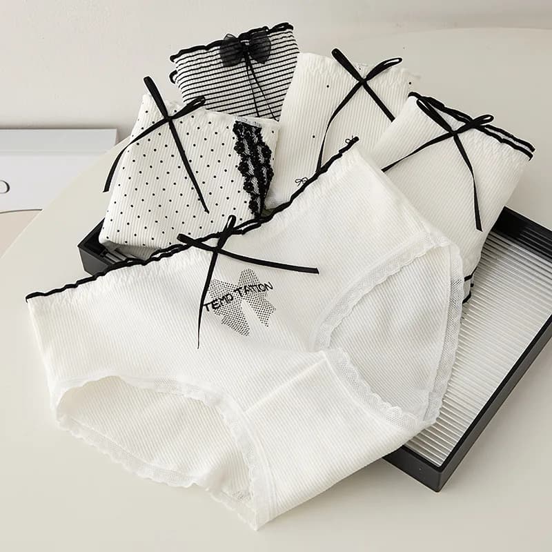 5Pcs/Set Cotton Sweet Bow Women Panties Mid-Waist Underwear Girls Briefs Underpants Soft Shorts Sexy Female Print Lingeries