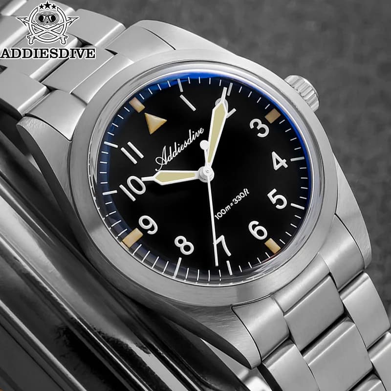 ADDIESDIVE AD2502 Men's Titanium Watch 36mm Quartz Wrist Watch with Glass Dome 100m Waterproof Light Watch VH31