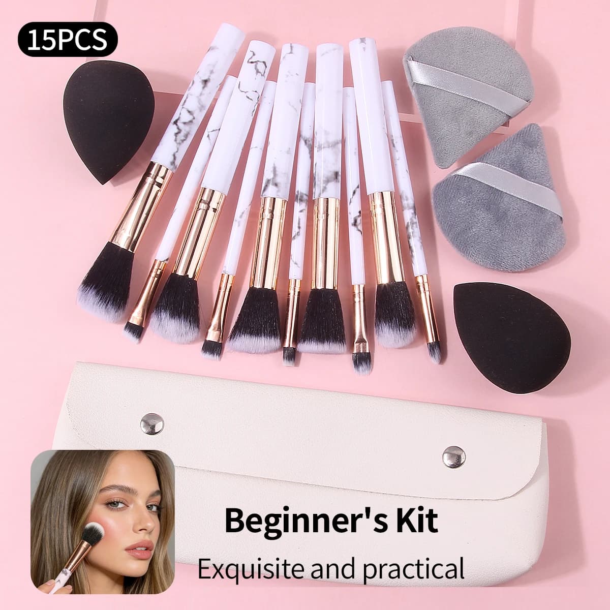 Set di pennelli per trucco professionale da 15 pezzi, pennello per fondotinta, pennello per ombretto, borsa da viaggio, spugna per trucco grande, piumino per cipria