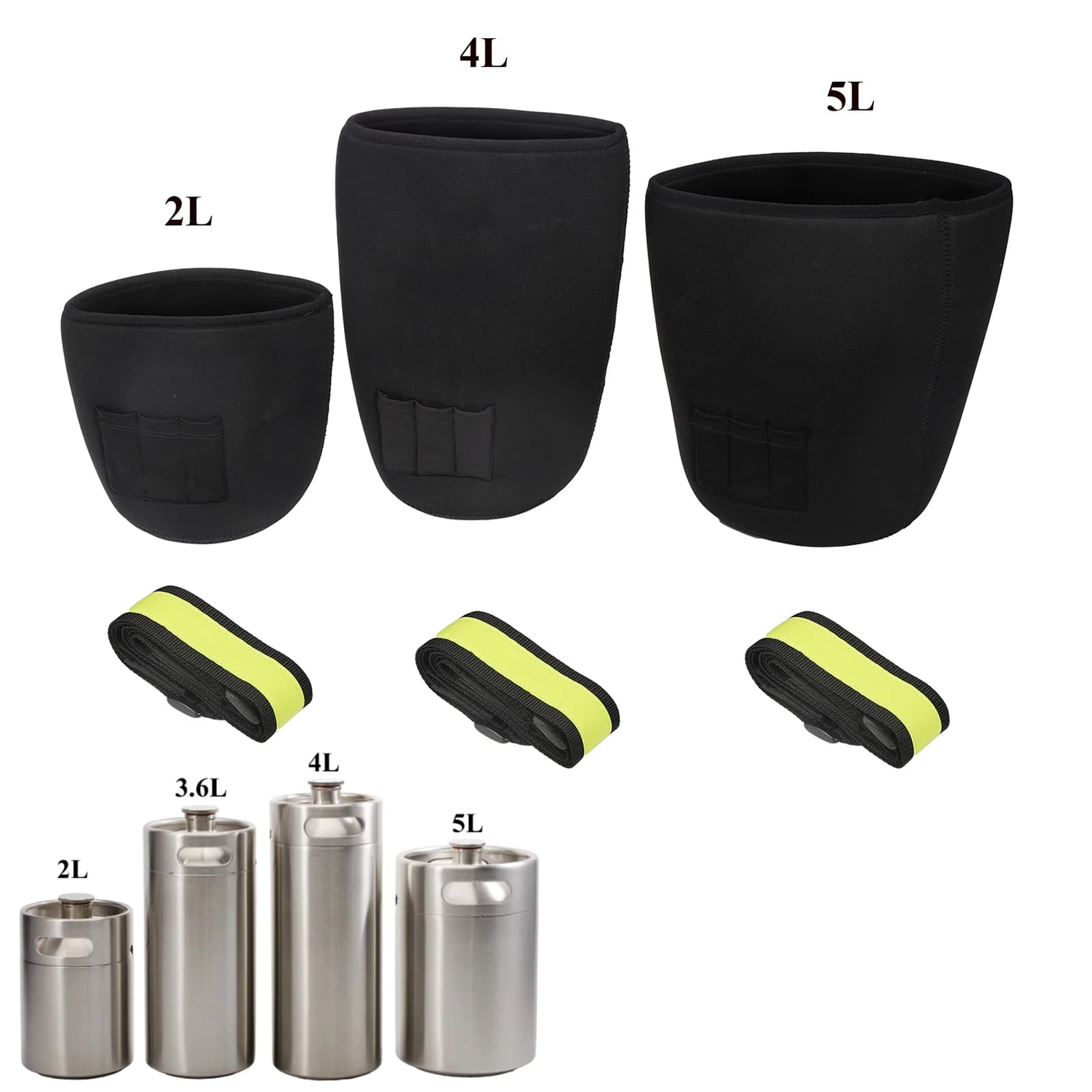 Mini Keg Growler Neoprene Jacket 2/3.6/4/5L Heavy Duty 8mm Thick Insulated Neoprene Velcro Shoulder Strap 3 Co2 Cartridge Pocket