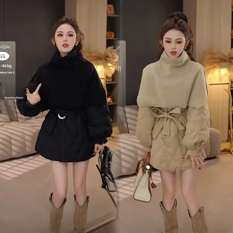 Giacca Invernale da Donna in Cotone con Sciarpa Staccabile, Stile Coreano con Cintura in Vita, Set Due Pezzi alla Moda