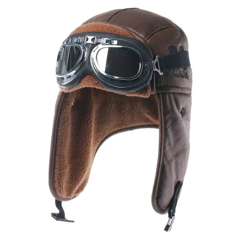 Men's Winter Bomber Hat with Glasses Outdoor Motorcycle Windproof Hot Fur Synthetic Pilot Earrings Thermal Hat Ushanka Leather