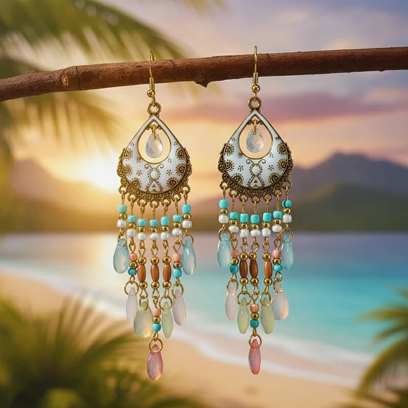 Bohemian Ethnic Acrylic Water Drop Alloy Earrings for Women Fashion Long Colorful Rice Bead Dangle Earring Party Jewelry